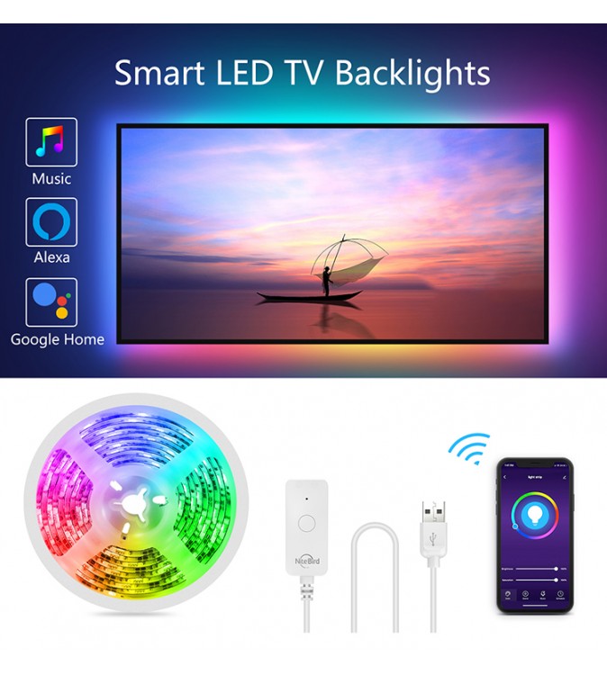 Ruban LED Wifi RGB 2,8m pour TV compatible Google Home et Alexa